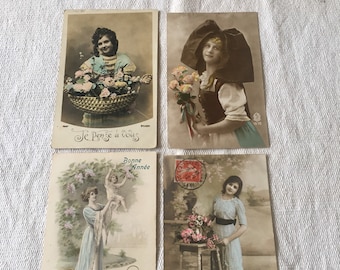 Original antique french hand tinted real photo postcards 1900-1920’s various scenes set of 4 just absolutely superb