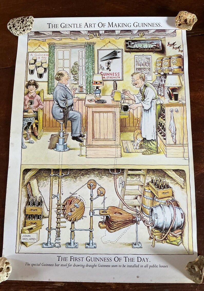 May include: A vintage print titled "The Gentle Art of Making Guinness" depicts a pub scene with patrons and a bartender. The illustration shows the process of brewing Guinness, with text including "A Guinness a day" and "Guinness Strength".