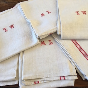 Antique french hemp chanvre hand loomed red striped hand embroidered monogrammed torchon tea towel just fabulous 6 available