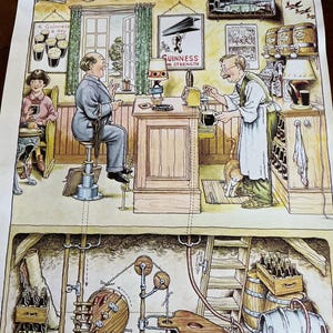 May include: A vintage print titled "The Gentle Art of Making Guinness" depicts a pub scene with patrons and a bartender. The artwork features a detailed illustration of the brewing process, including barrels and machinery, with the text "Guinness" and "A Guinness a day".