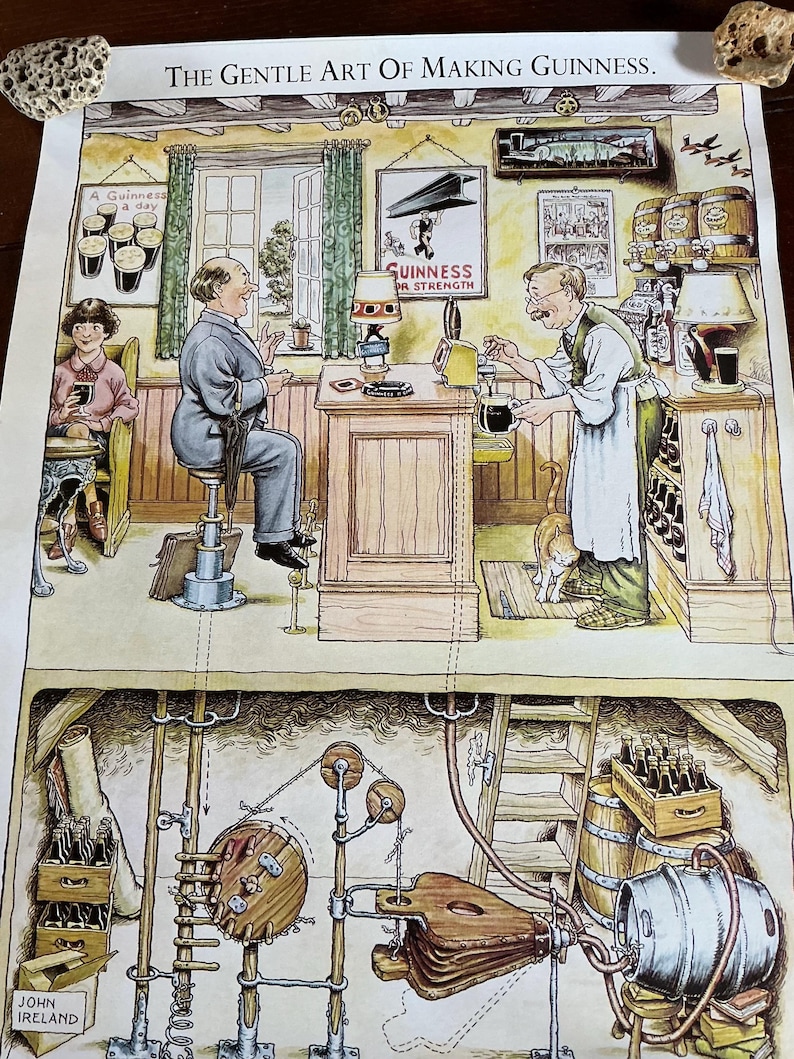 May include: A vintage print titled "The Gentle Art of Making Guinness" depicts a pub scene with patrons and a bartender. The artwork features a detailed illustration of the brewing process, including barrels and machinery, with the text "Guinness" and "A Guinness a day".