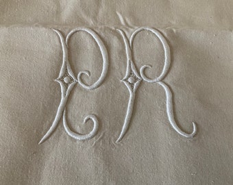 Vintage French large linen monogrammed dowry sheet