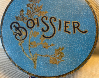 Antique vintage french large Boissier Paris round tin beautiful art Noveau blue and gold design very rare size just superb