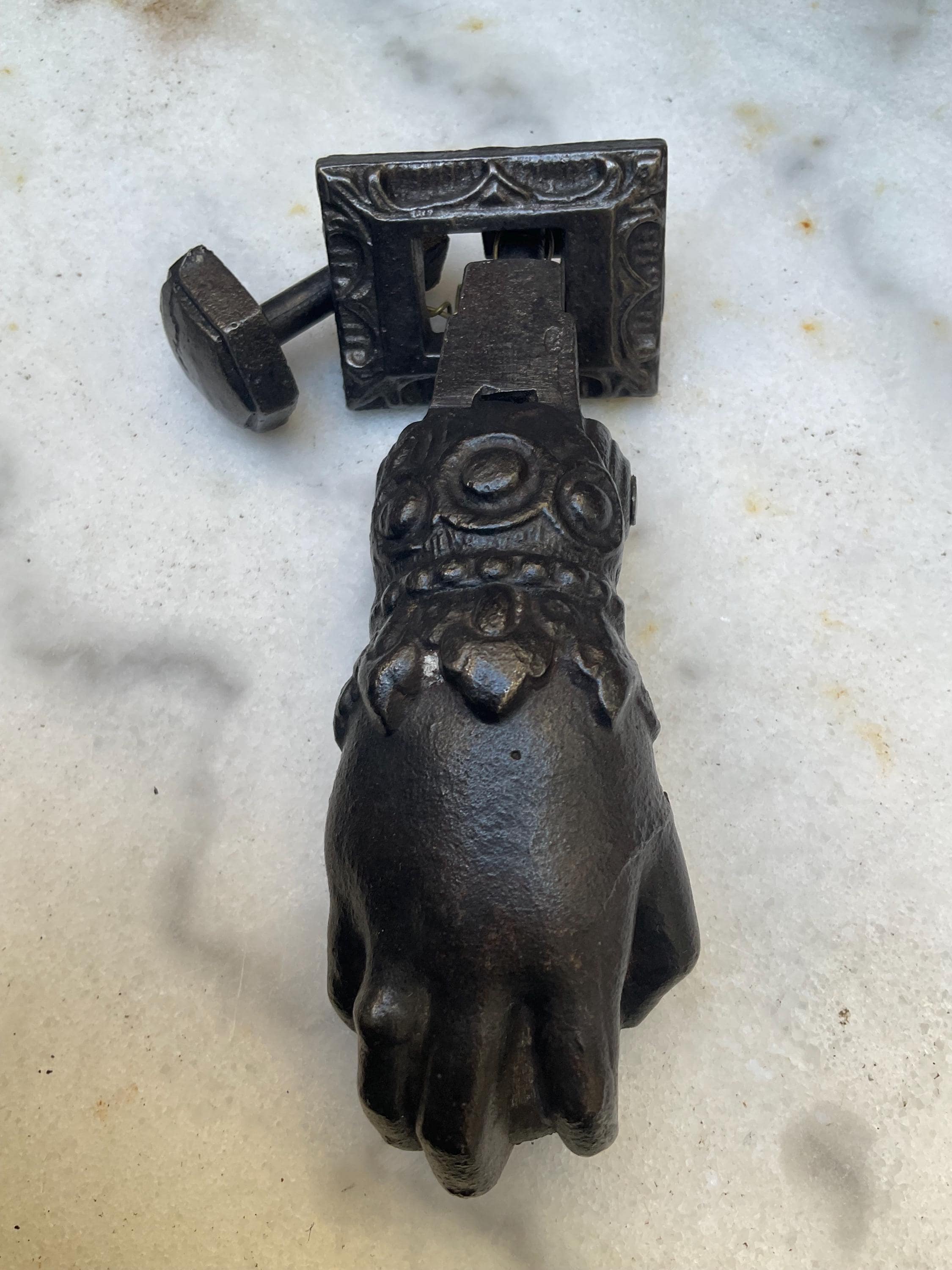 Antique French cast iron door knocker with striker
