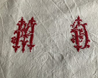 Antique french large monogrammed linen dowry sheet