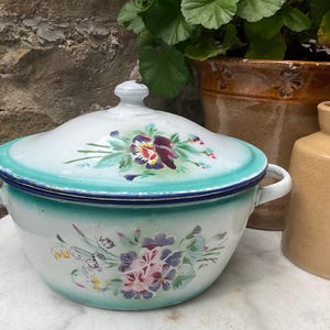 Vintage French large painted enamel lidded dish with flowers beautiful