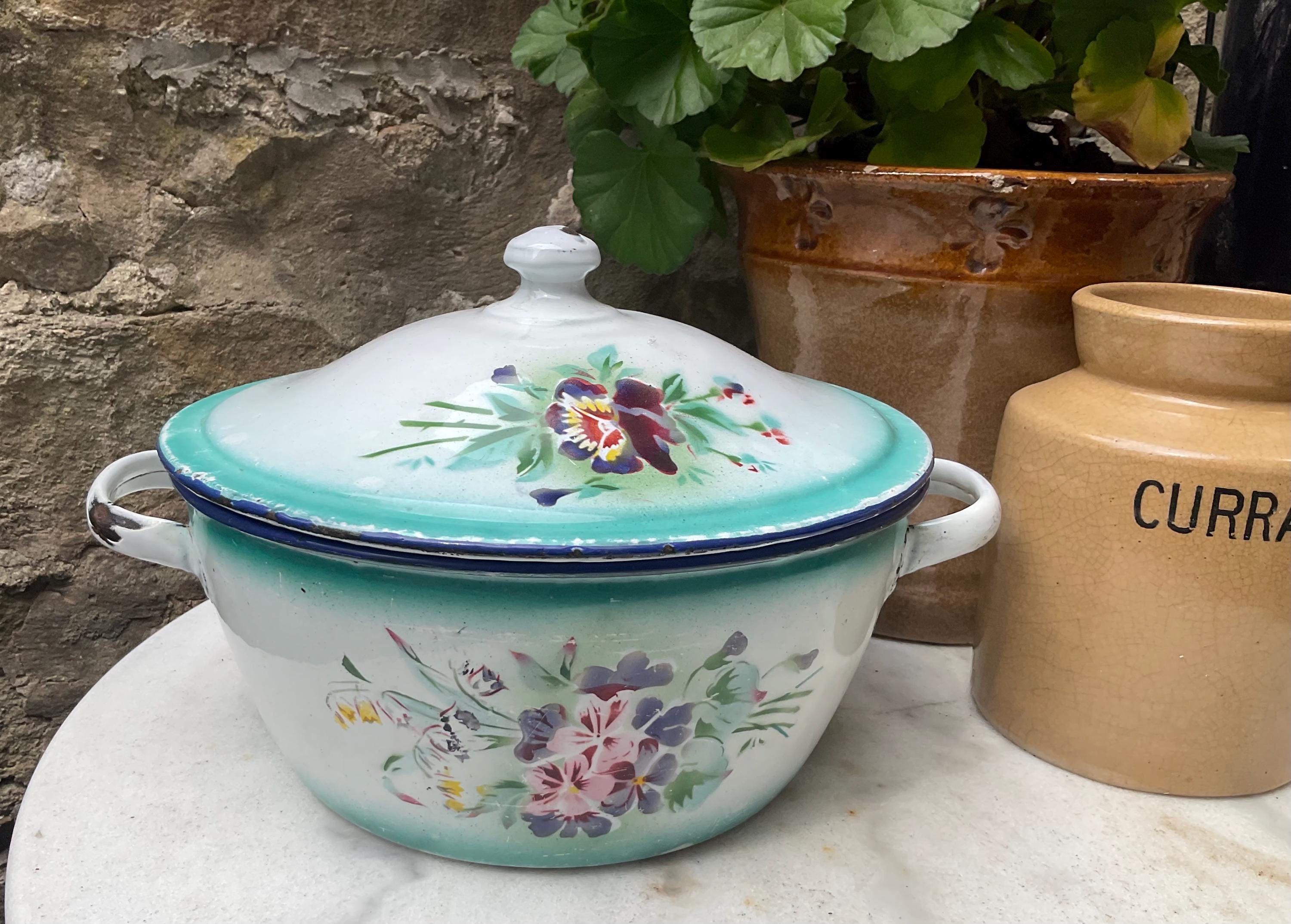 Vintage French large painted enamel lidded dish with flowers beautiful