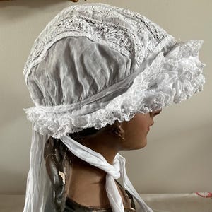 Wonderful Antique french handmade cotton and lace bonnet just exquisite workmanship