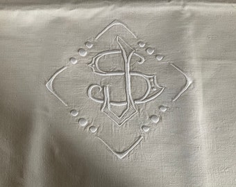 Antique french large linen monogrammed decorative dowry sheet