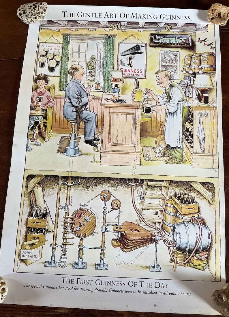 May include: A vintage print titled "The Gentle Art of Making Guinness." The illustration depicts a pub scene with patrons and a bartender, and a diagram of the brewing process. The text reads "The First Guinness of the Day."