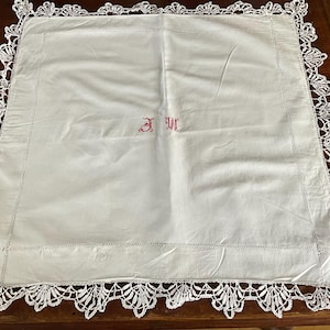 Superb antique french large square monogrammed pillow sham/cushion cover with lace edging