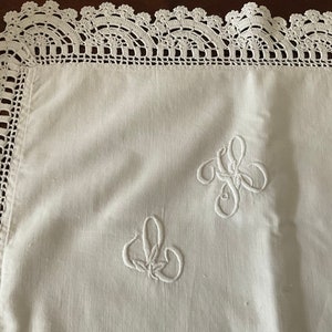 Superb vintage french large square monogrammed pillow sham/cushion cover with lace edging