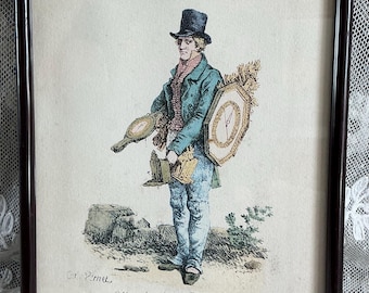 Litografia francese d'epoca colorata a mano intitolata "Merchand de Barometres", Parigi.