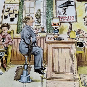 May include: An illustration of a pub scene with a man seated at a bar, holding an umbrella. A woman sits in a chair on the left, holding a drink. A sign reads "A Guinness a day." A Guinness sign is on the wall.