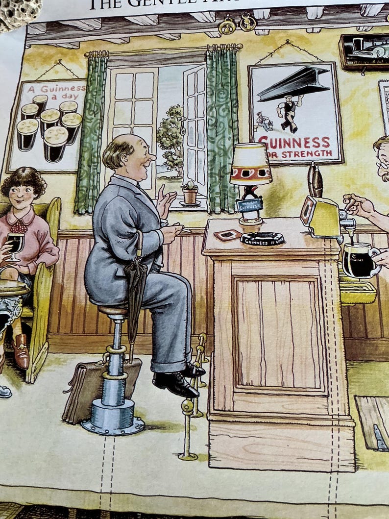 May include: An illustration of a pub scene with a man seated at a bar, holding an umbrella. A woman sits in a chair on the left, holding a drink. A sign reads "A Guinness a day." A Guinness sign is on the wall.