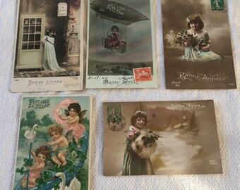 Postales francesas antiguas originales coloreadas a mano con fotografías reales, de los años 1900 a 1920, con varias escenas, juego de 5, absolutamente magníficas.