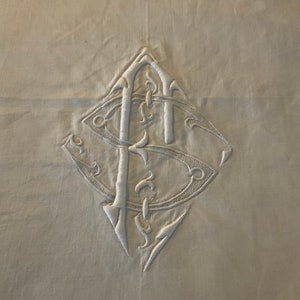 Superb antique french Monogrammed hand embroidered pure linen dowry sheet