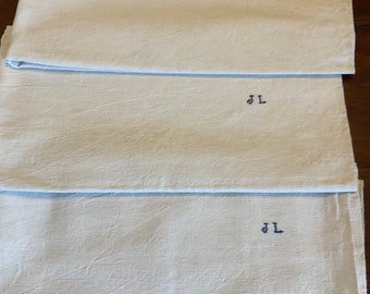 Antique french hemp chanvre hand loomed hand embroidered monogrammed large torchon / tea towel naive just fabulous