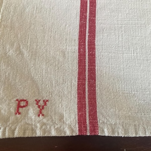 Vintage french Metis linen woven striped monogrammed torchon/teatowel,fabulous.