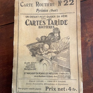 Mapa de carreteras francés antiguo original de gran tamaño, década de 1920