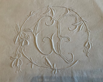 Vintage french linen hand embroidered monogrammed dowry sheet