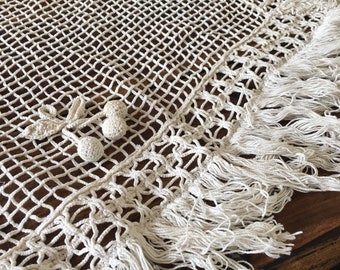 Vinatge french handmade cotton crochet window panel with appliqué cherries and fringed edging just stunning