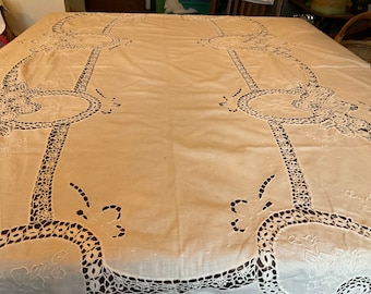 A superb vintage french Broderie A La Main tablecloth
