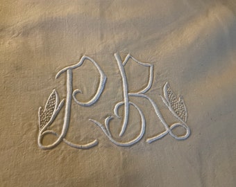 Vintage french large linen hand embroidered dowry sheet