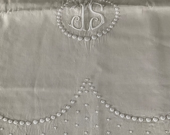 Exquisite Antique french large pure linen hand embroidered monogram dowry sheet