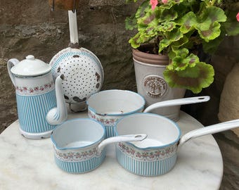 Five fabulous antique French BB Freres Roses& Ribbon garland enamel kitchenware..