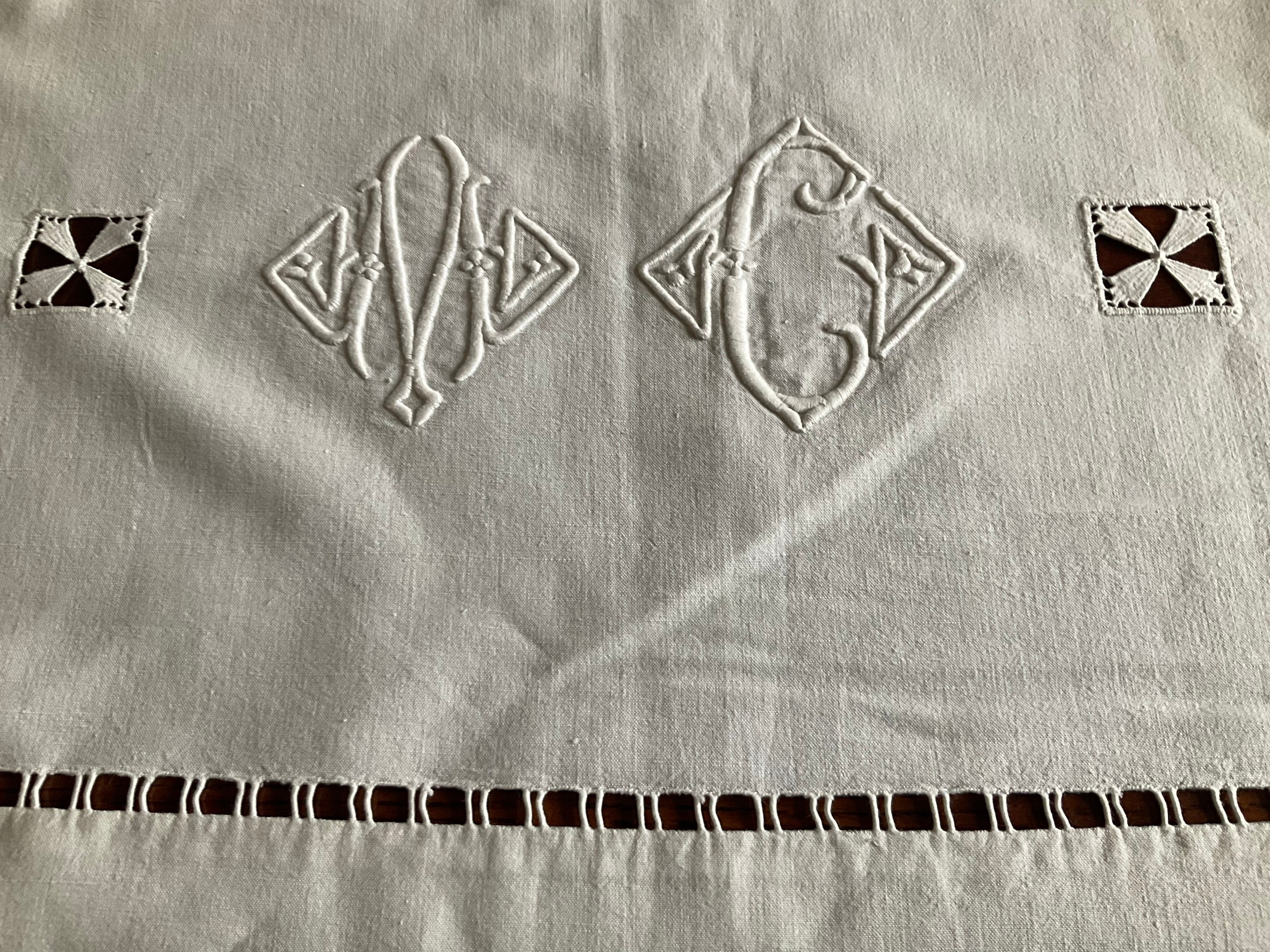 Antique french large linen monogrammed decorative dowry sheet