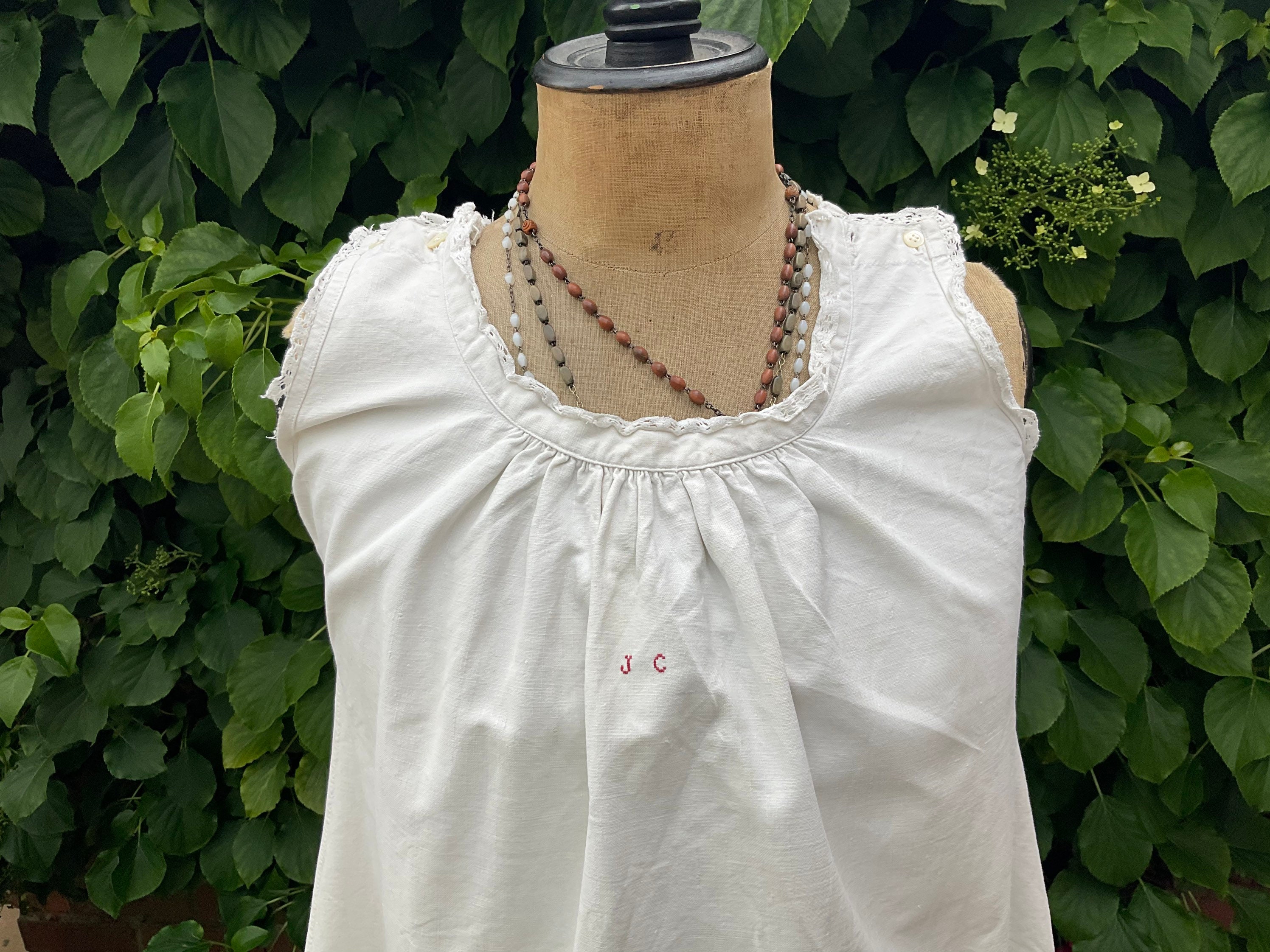 Antique french  cotton chemise nightdress with handmade stitching and monogram