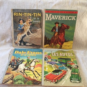 Set of four vintage french childrens books les autos, maverick, rin tin tin, fake evans, absolutely adorable beautiful pictures