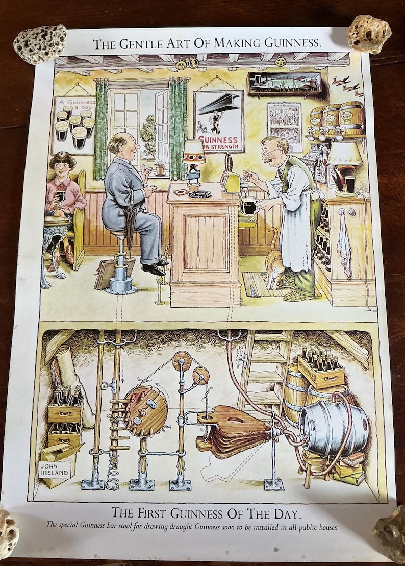 May include: A vintage print titled "The Gentle Art of Making Guinness." The illustration depicts a pub scene with patrons and a bartender, and a lower level with brewing equipment. The text reads "The First Guinness of the Day."