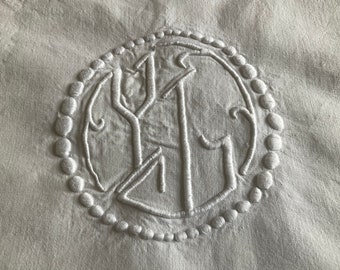 Antique french Art Deco linen monogrammed dowry sheet