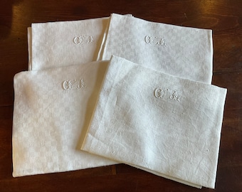 Four vintage french damask cotton hand stitched hand embroidered monogrammed napkins