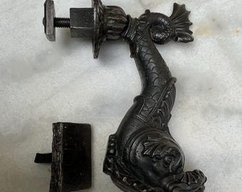 Stunning Antique french cast iron decorative mythological Dolphin door knocker with striker,19thC.