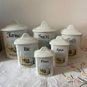 Set of six antique French ceramic storage jars with lids absolutely fabulous