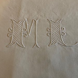 Antique french metis linen monogrammed dowry sheet with handmade lace edging