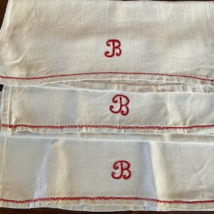 A set of Three Antique french hemp chanvre monogrammed torchons, tea towels just fabulous