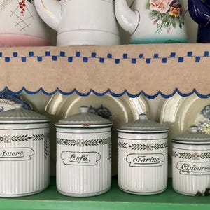 Set of four antique french enamel kitchen storage jars / canisters absolutely superb