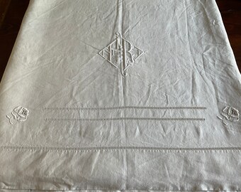 Superb antique french embroidered monogrammed dowry sheet