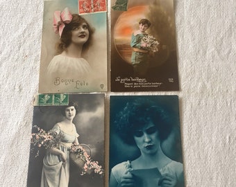 Original antique french hand tinted real photo postcards 1900-1920’s various scenes set of 4 just absolutely superb