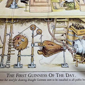 May include: An illustrated diagram of a Guinness brewing system, featuring wooden barrels, a bellows, and a metal keg. The text "THE FIRST GUINNESS OF THE DAY" is displayed at the bottom. The image has a vintage, hand-drawn style.