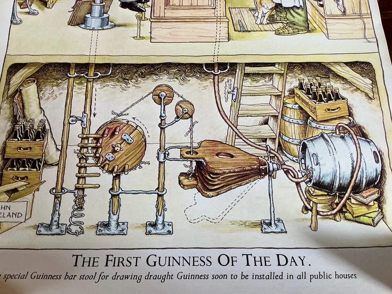 May include: An illustrated diagram of a Guinness brewing system, featuring wooden barrels, a bellows, and a metal keg. The text "THE FIRST GUINNESS OF THE DAY" is displayed at the bottom. The image has a vintage, hand-drawn style.