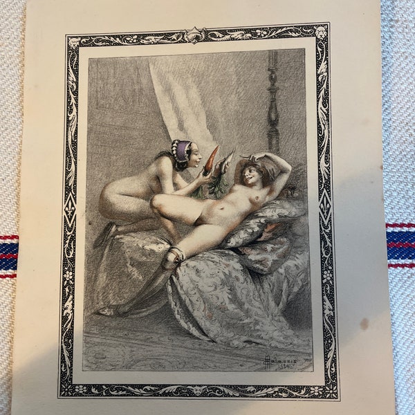 Composition originale illustrée, originale, française, signée par Edmond Malassis, « Une œuvre d'érotisme français traitant de la promiscuité féminine.