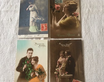 Original antique french hand tinted real photo postcards 1900-1920’s various scenes set of 4 just absolutely superb
