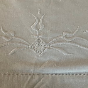 Antique french hand embroidered linen small sheet