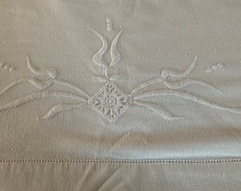 Antique french hand embroidered linen small sheet