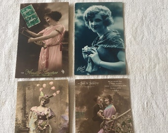 Original antique french hand tinted real photo postcards 1900-1920’s various scenes set of 4 just absolutely superb